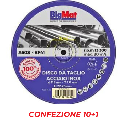 DISCO ACCIAIO INOX MM.115X1,6X22,23 PZ.10+1 OMAGGIO "BIGMAT"